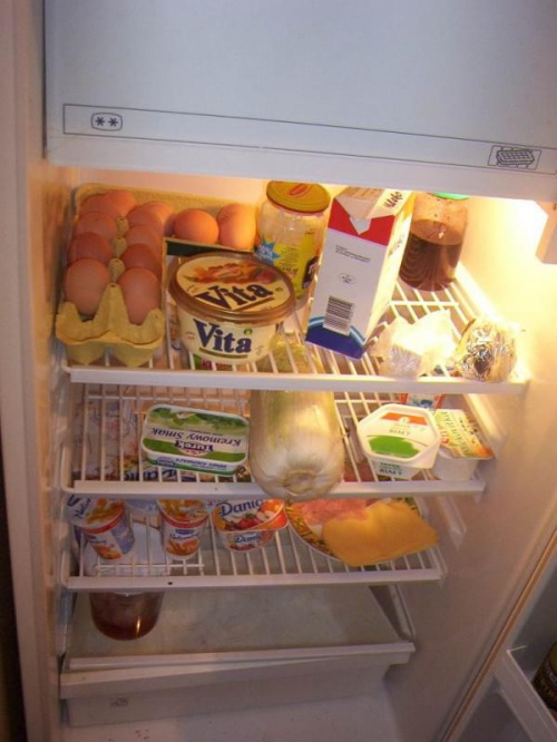 tyle jedzenia w lodówce to studenci prawie nigdy nie widza. i nawet Magda ma co na swojej dolnej półce - ser żółty i Danio. No tak. Pewnie, że pani Małgosia przyjeżdża!
