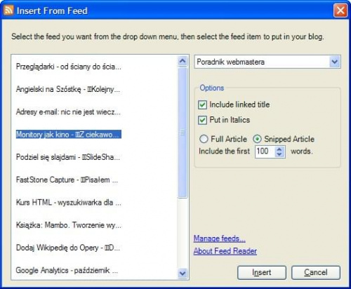 Windows Live Writer - Feed Reader Plugin: wybieranie wpisu