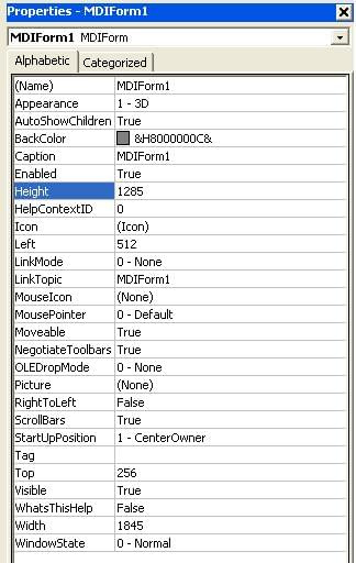 To są właśnie właściwości MDIForm w Visual Basic 6