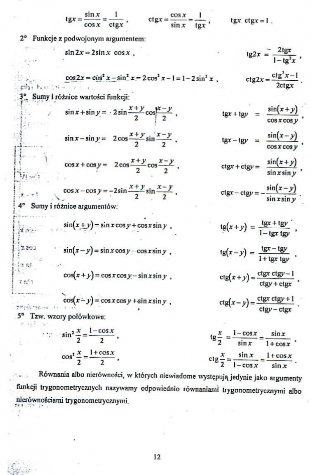 Wzory trygonometryczne przekazane gr 4 przez dr Jegier, jako pomoc w liczeniu zadań z szeregów Fouriera